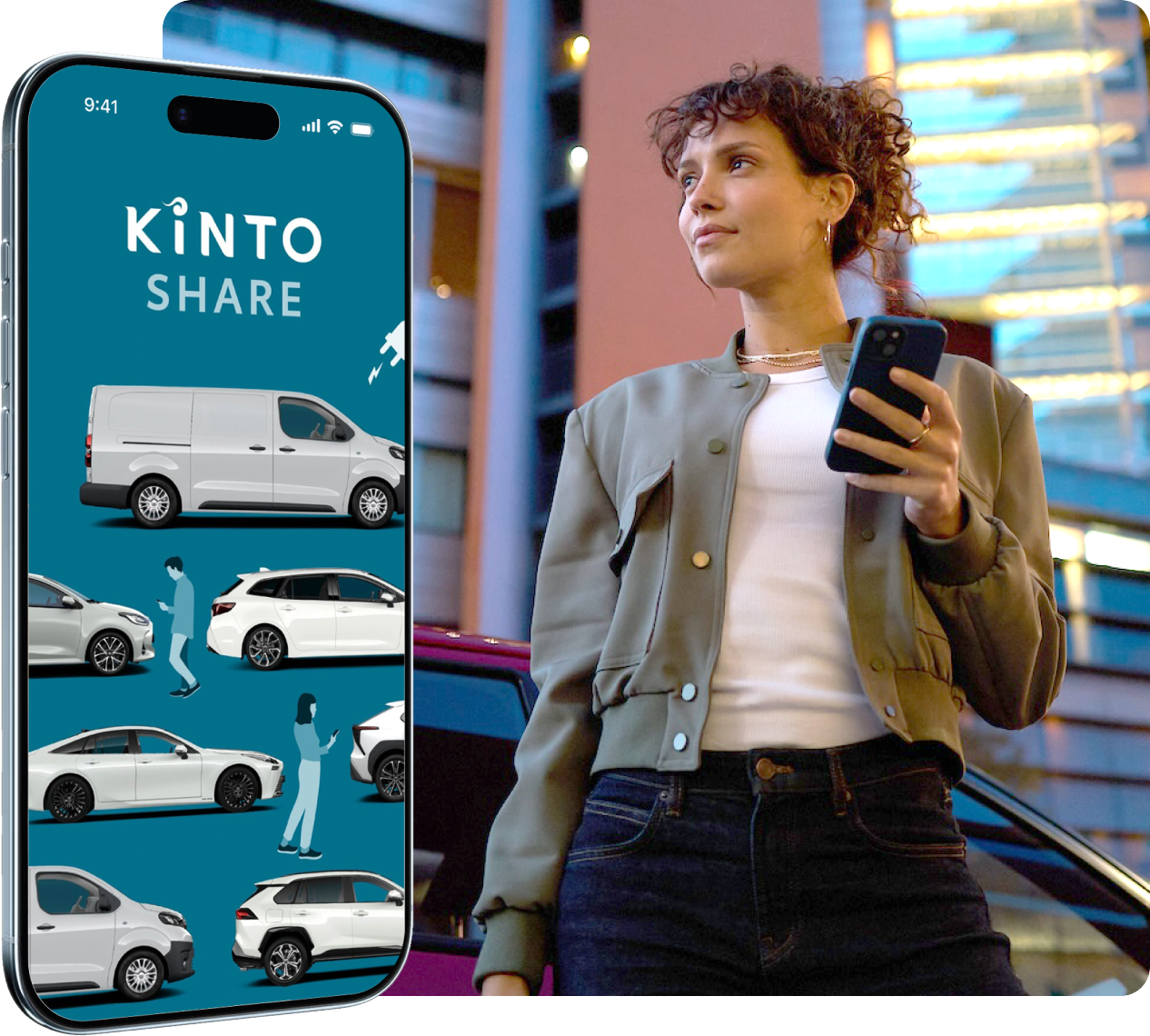 A woman using the KINTO SHARE mobile application